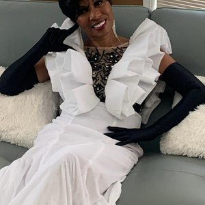 White Velvet Gown with Puffy Sleeves and Sequin Front